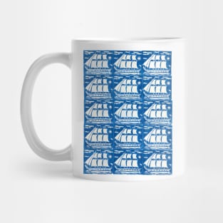 Sailing Ships & Sun Pattern On Blue Mug